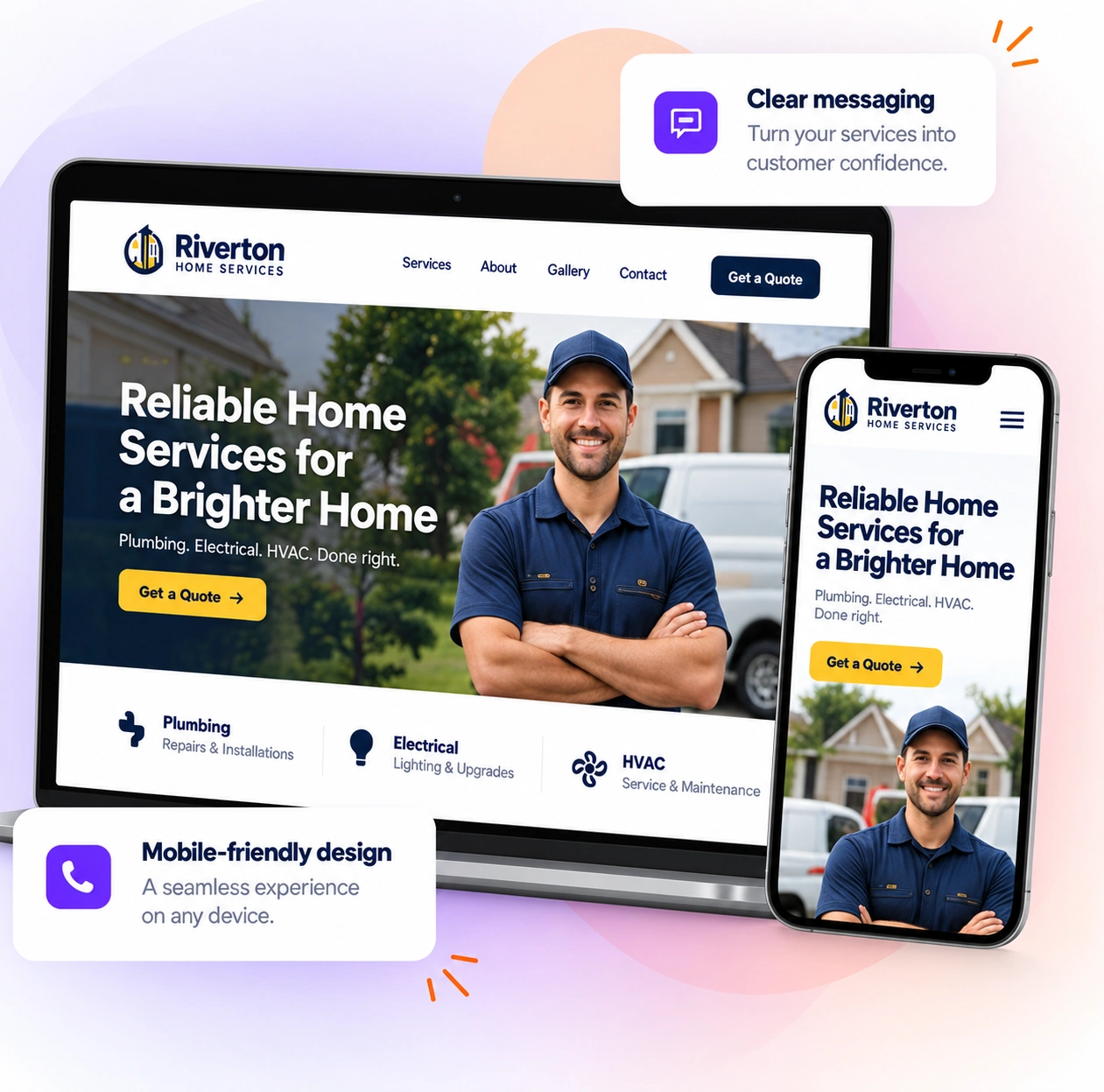 Riverton home services website shown on a laptop and phone, with clear messaging and mobile-friendly design