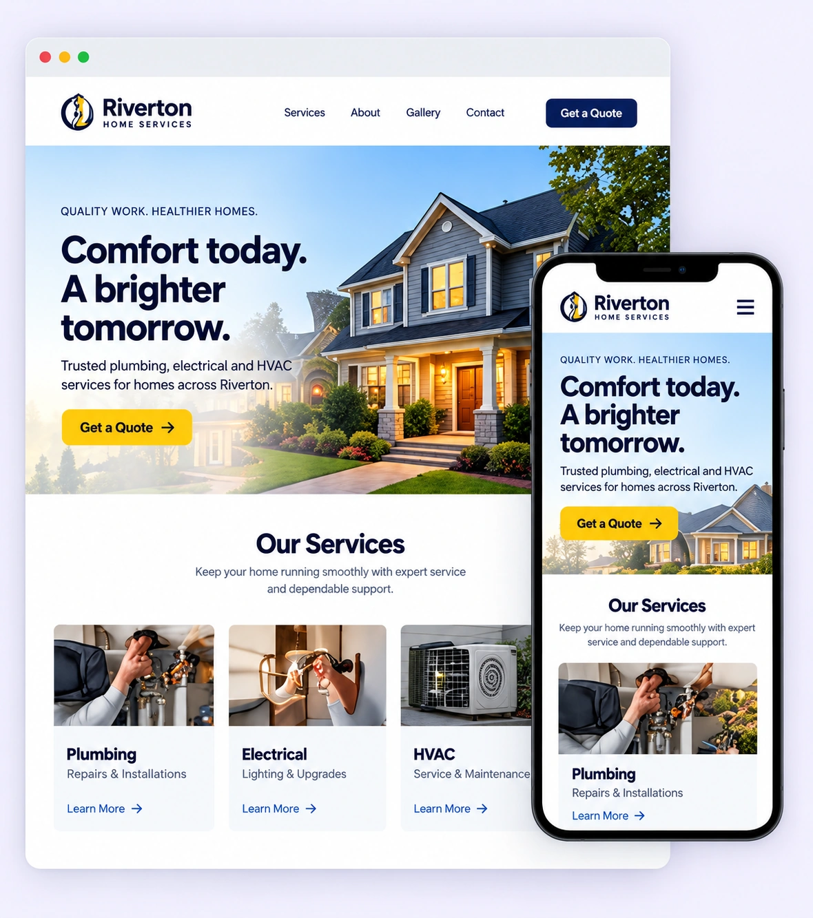 Riverton website desktop and mobile designs, showing a home exterior and plumbing, electrical, and HVAC service pages